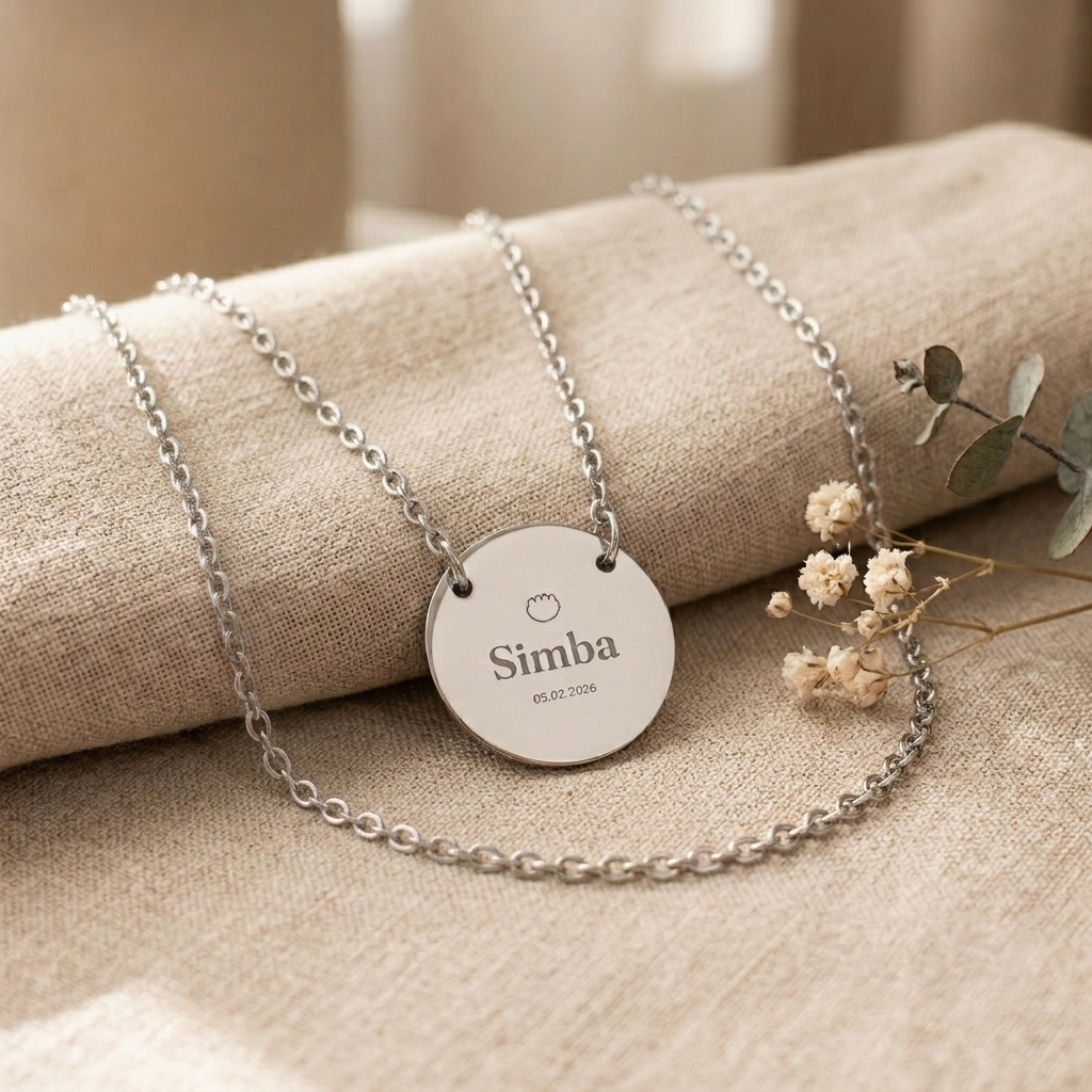 Pendentif Petite Trace posé sur du lin naturel, entouré de fleurs séchées